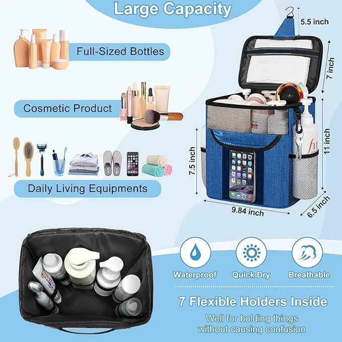Portable Shower Caddy for Dorm Room Essentials, Foldable Mesh Shower Bag for College, Large Capacity Toiletry Bag Tote Bag Shower Caddy Portable for Student Boy Girl Bath Essentials (Blue)