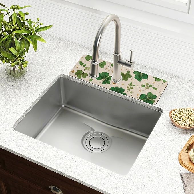 Kitchen Sink Splash Guard 2 PCS 14.7 Inch Sink Faucet Mat Splash Guard for Bathroom Countertop Water Absorbent Foldable Cuttable Soft Washable Green Clovers and Gold Stars