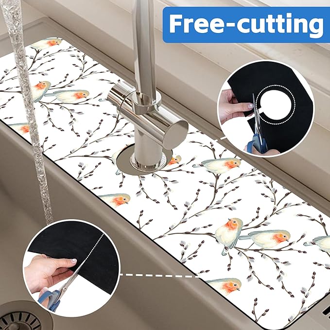 Willow Branches and Robin Dish Drying Mat for Kitchen Sink Splash Guard Behind Faucet Sink Mat Absorbent Fast Drying Faucet Draining Mat for Bathroom Kitchen 5.5"×24"