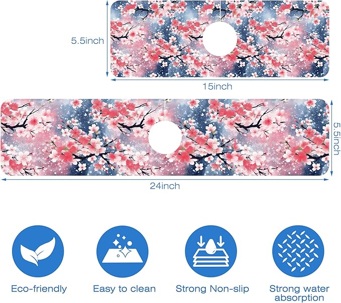 Japanese Pink Cherry Blossoms Dish Drying Mat for Kitchen Sink Splash Guard Behind Faucet Sink Mat Absorbent Fast Drying Faucet Draining Mat for Bathroom Kitchen 5.5"×24"