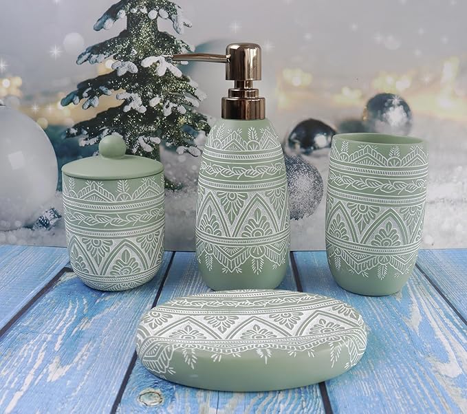 Hymmah Green Bathroom Accessories Set,Farmhouse Bathroom Decor,4 Pcs Resin Gift Set Apartment Necessities, Contain Cotton Swab Jar,Soap Dispenser,Tumbler，Soap Dish/Tray