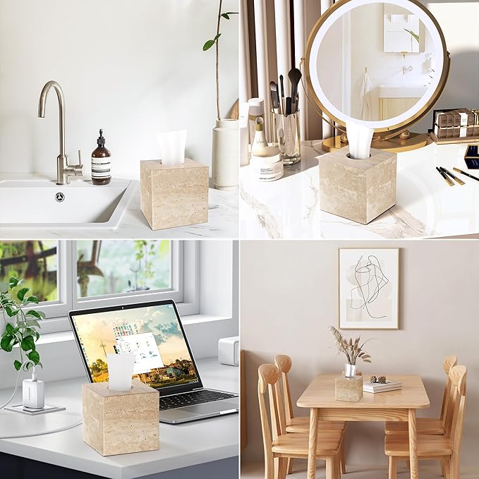 Natural Travertine Marble Tissue Box Holder Cover, Square Cube Tissue Box Holder with Open Bottom for Bathroom Vanity Tops, Bedroom Dressers, Kitchen Countertop, Travertine Beige(NS022)