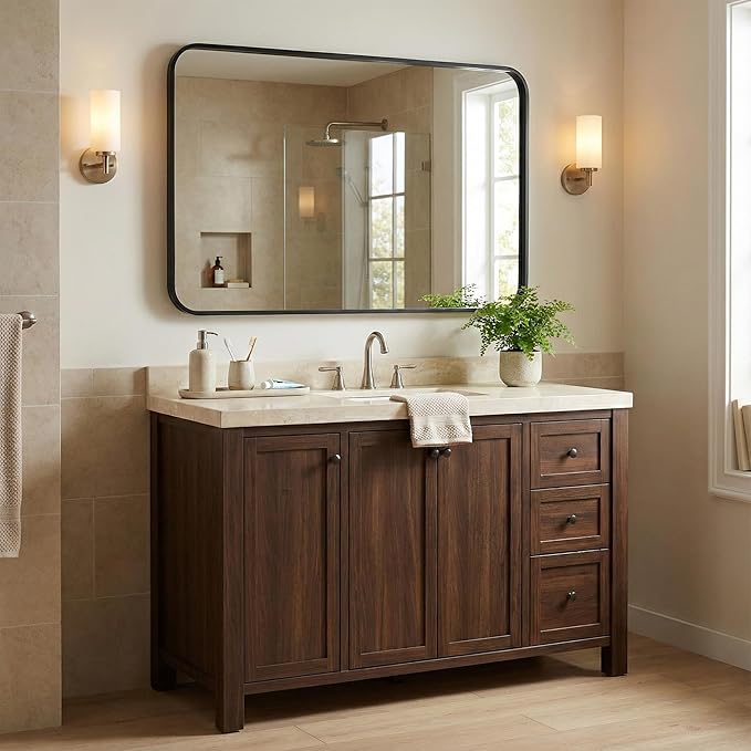 2 Pack Bathroom Mirrors for Over Sink, 24"x30" Matte Black Framed Vanity Mirror, Rounded Corner Rectangular Metal Mirror for Wall, Modern Farmhouse Industrial Decor