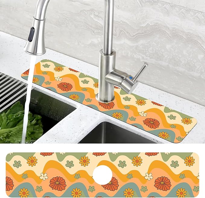 70s Groovy Flowers Sink Faucet Absorbing Mat Retro Waveas Splash Guard Behind Faucet Sink Mat Absorbent Fast Drying Faucet Draining Mat for Bathroom Kitchen 5.5"×24"