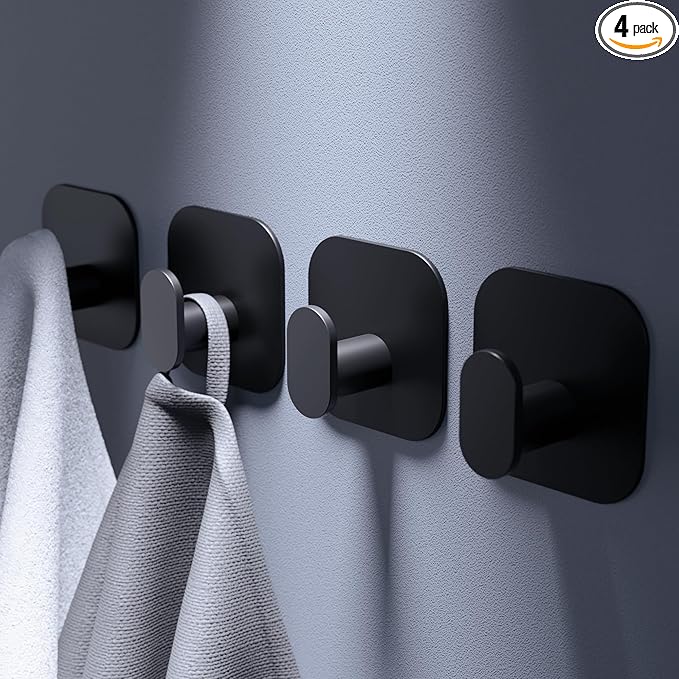 Self Adhesive Hooks - 4 Pack Heavy Duty Wall Hooks no Damage, Sticky Hook for Hanging Coat/Robe/Towel, Stick on Kitchen/Bathroom/Shower (Matte Black, Stainless Steel)