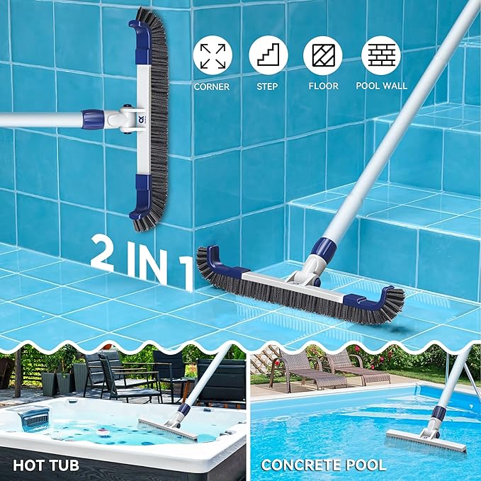 19" 2 in 1 Detachable Curved Edge Pool Brush Head for Inground/Above Ground Pool, Adjustable 180° Handle Rotation, ASA Material Pool Brush for Cleaning Pool Walls, Waterline Tiles & Floors
