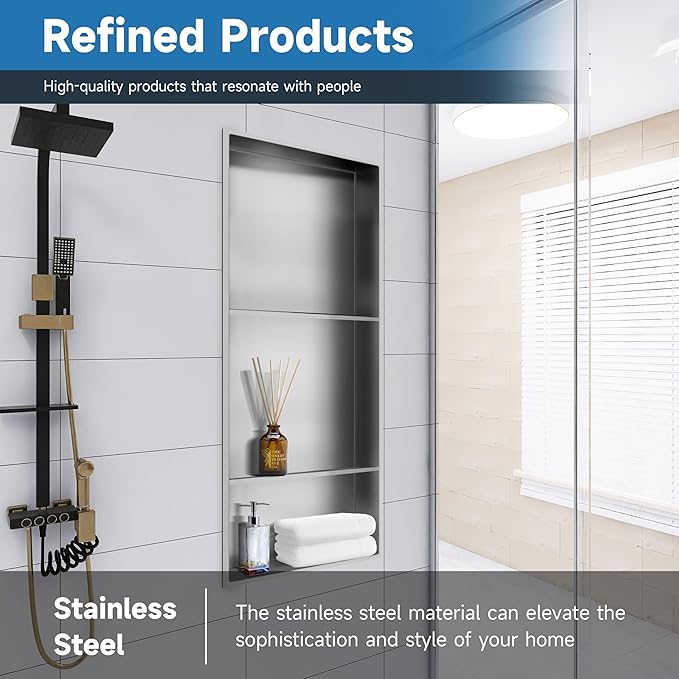 Shower Niche 13 × 31, 3 Shelves Wall Niche Recessed Shelf for Bathroom Storage, Shower Niche Insert Tile Ready No Tile Needed Over Mount Installation, Brushed Nickel