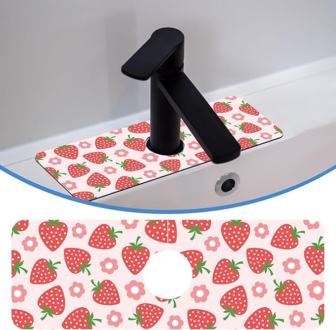 Faucet Mat for Kitchen Sink Beautiful Strawberry Flower, Soft Diatom Mud Material, Strong Water Absorption, Non-slip, Easy to Clean for Bathroom, Kitchen 15"X5.5"