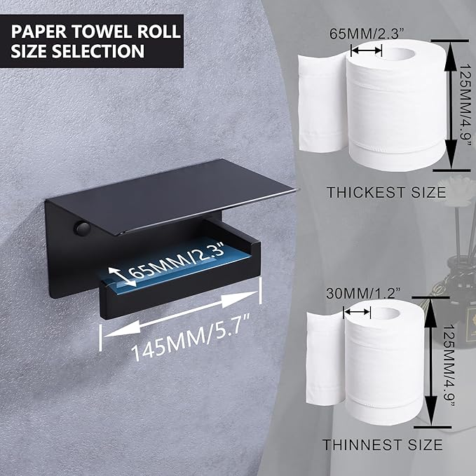 LANC Black Toilet Paper Holder with Shelf, Adhesive or Screw Toilet Paper Roll Holder with Phone Shelf for Bathroom Kitchen Wall Mounted, Stainless Steel TP Holder,Matte Black Left, A8367MB-LF