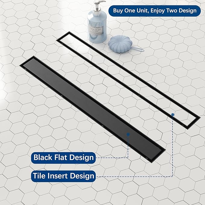 Neodrain 28-Inch Black Linear Shower Drain,with 2-in-1 Flat & Tile Insert Shiny Black Cover, Rectangle Shower Floor Drain, Floor Shower Drain with Adjustable Leveling Feet, Hair Strainer