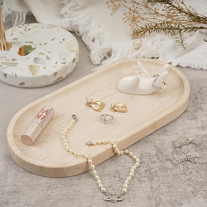 Koville Italian Travertine Tray, 12"x6" Vanity Decorative Marble Tray for Countertop, Catchall for Perfume, Candles, Jewelry Dish