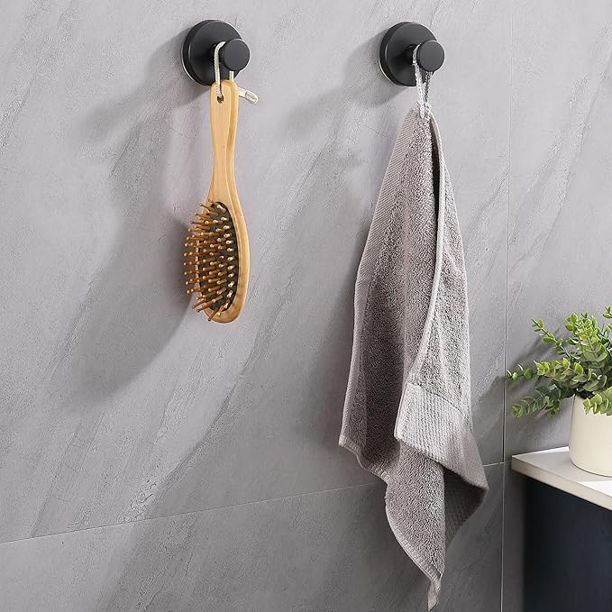 Suction Cup Hooks for Shower 2 Pack Stainless Steel No Drill Removable Waterproof Rustproof for Bathroom Kitchen Glass Mirror Tile to Hang Towels Robes Loofah Wreath (Matte Black)