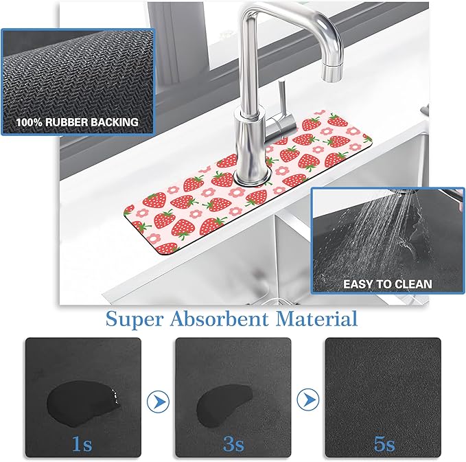 Faucet Mat for Kitchen Sink Beautiful Strawberry Flower, Soft Diatom Mud Material, Strong Water Absorption, Non-slip, Easy to Clean for Bathroom, Kitchen 15"X5.5"