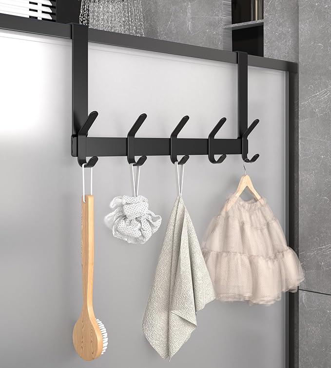 Over The Door Hooks Hanger with Extended Arms for Hanging, J7U, Perfectly Fits US Standard 1 3/4-inch Doors, Towel Rack Bathroom Organizer Holder, Black1