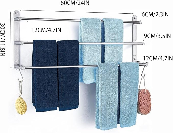 Bathroom Towel Bark 3-Tiers with Hook 24-Inch 304 Stainless Steel Wall Towel Rack for Bathroom Wall Mounted Towels Shelves,Towel Ladder Holder Brushed Finished