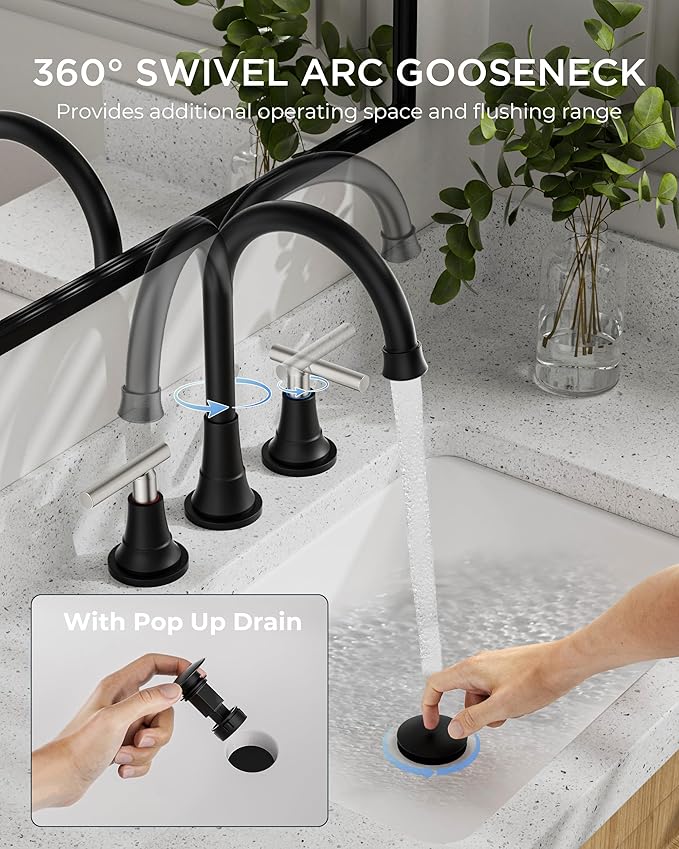FORIOUS 8" Widespread Brushed Nickel and Black Bathroom Faucet 3 Hole, 2 Handle 360° Swivel Gooseneck 8 Inch Bthroom Sink Faucet 3 Hole Rv with Hot and Cold Water Hose, Farmhouse Restroom Renovation