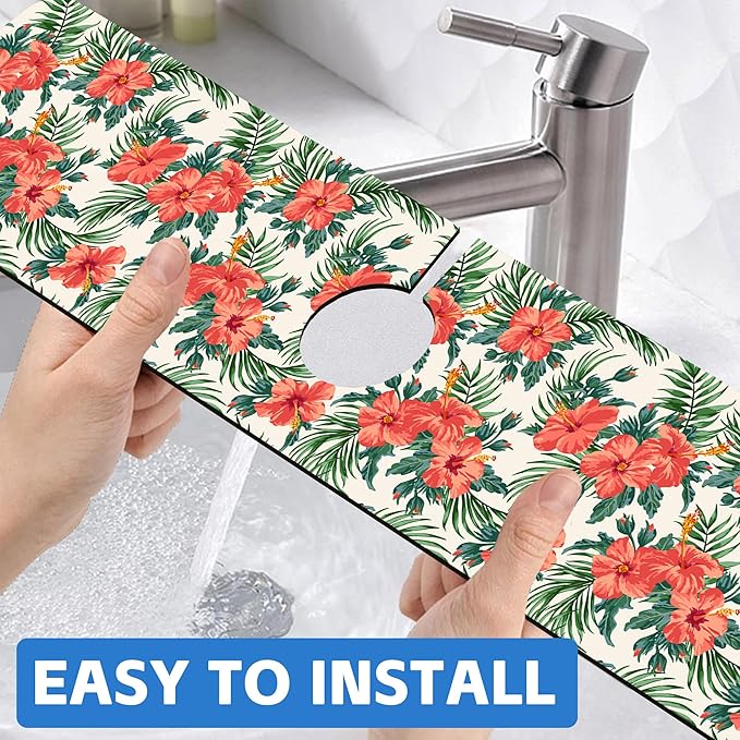 Tropical Leaves and Red Floral Kitchen Sink Splash Guard Mat Absorbent Fast Drying Mat Faucet Draining Mat Sink Splash Guard Behind Faucet Drip Catcher for Kitchen Bathroom 5.5"×24"