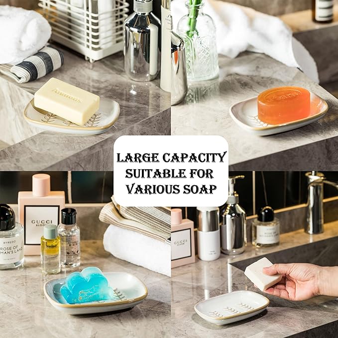 Soap Dish Bar Cleaner Dish for Shower, Ceramic Soap Dishes for Large Soap Bar Shampoo or Sponge, Shower Soap Dish Soap Saver Tray for Bathroom Kitchen Sink, Easy to Clean