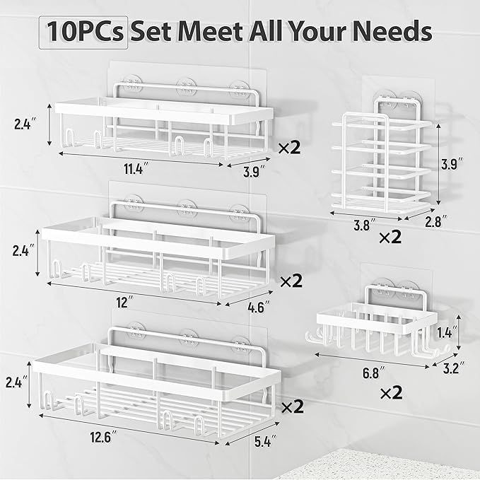 10 Pack Shower Caddy Organizer Rack Shelf for Inside Shower, Self Adhesive Wall Storage Basket Rustproof Stainless Steel Shampoo Holder Bathroom Accessory Decor Set, White