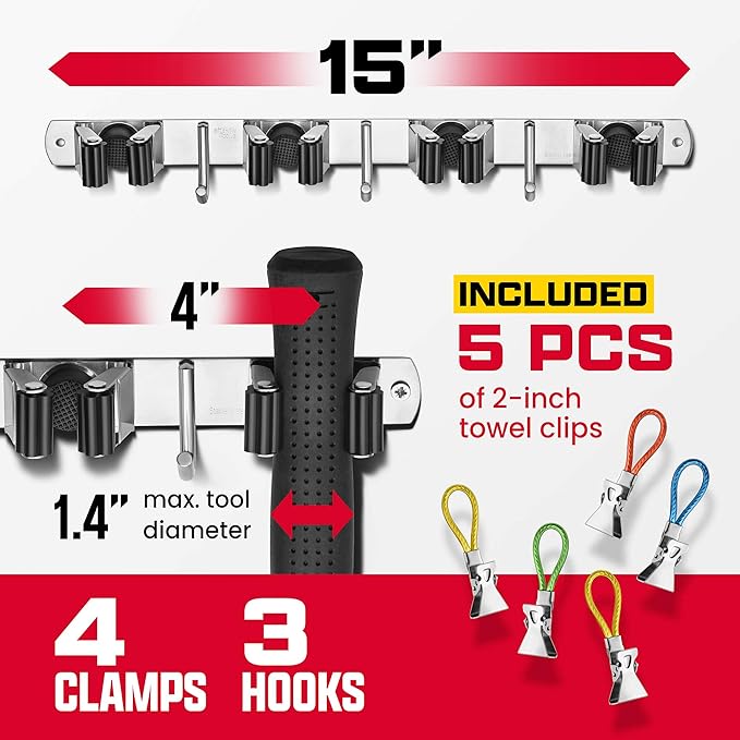 2 Pack Mop and Broom Holder Wall Mount – Self-Adhesive Stainless Steel broom hanger organizer – 4 Clamps, 3 Hooks – Holds Up to 40 Lbs