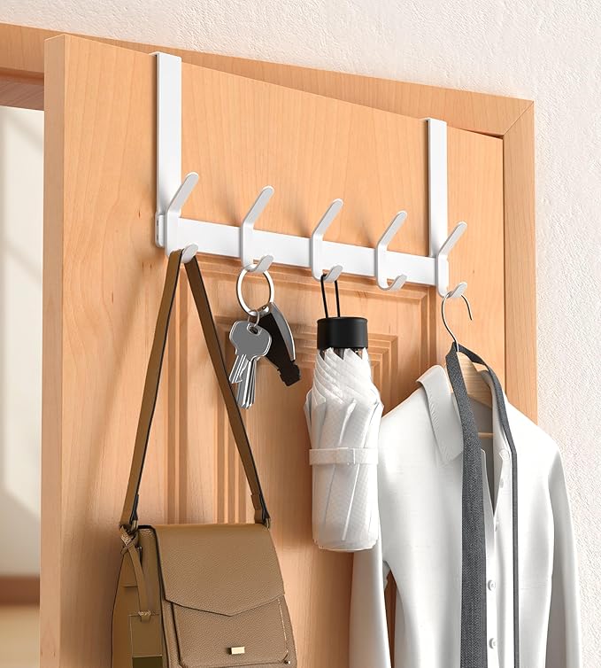 Over The Door Hooks Hanger with 7" Arms for Hanging, J7U, Perfectly Fits US Standard 1 3/8-inch Doors, Towel Rack Bathroom Organizer Holder, White