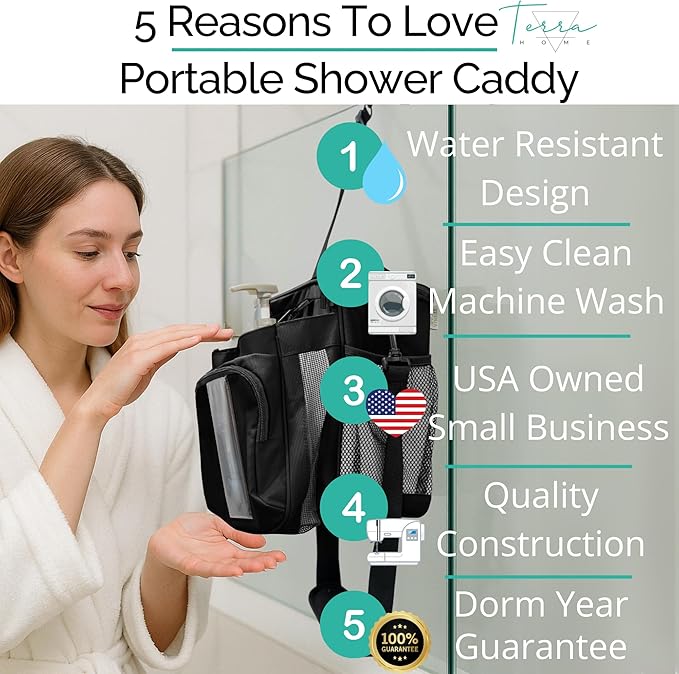 Portable XL Shower Caddy Bag - College Dorm Room Essentials for Men, Women, Students - Foldable, Water Resistant with Hanging Keychain Hook and Shoulder Strap Shower Organizer Bag (Black)