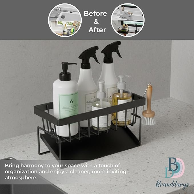 Black Stainless Steel Sponge Holder for Kitchen Sink with Rotating Drain Spout and High Brush Holder — Stainless Steel Sink Organizer for Sponges, Brushes, Soap and Bottles, Includes 2 Bear Sponges