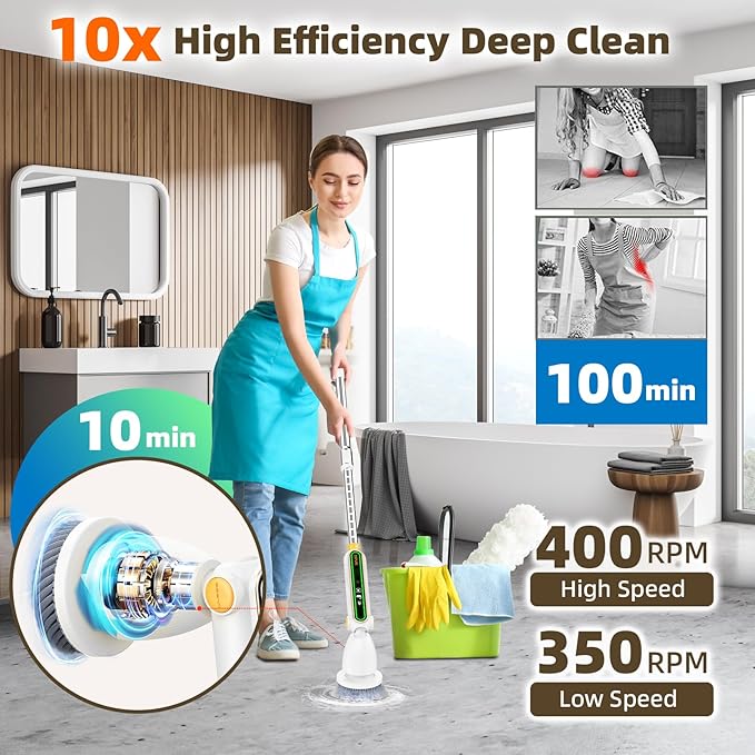 Electric Spin Scrubber, Quiet Cordless Power Scrubber, Electric Cleaning Brush with 8 Replaceable Heads, Adjustable Extendable Pole, Shower Scrubber with Long Handle for Bathroom