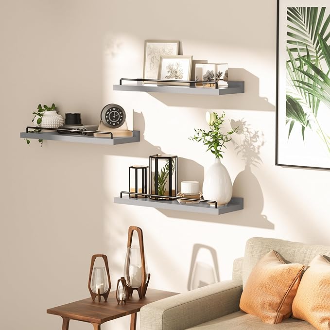 Floating Shelves for Wall Decor, Grey Shelves for Bathroom, Living Room, Bedroom, Picture Frames, Plants, Kitchen (Set of 3)