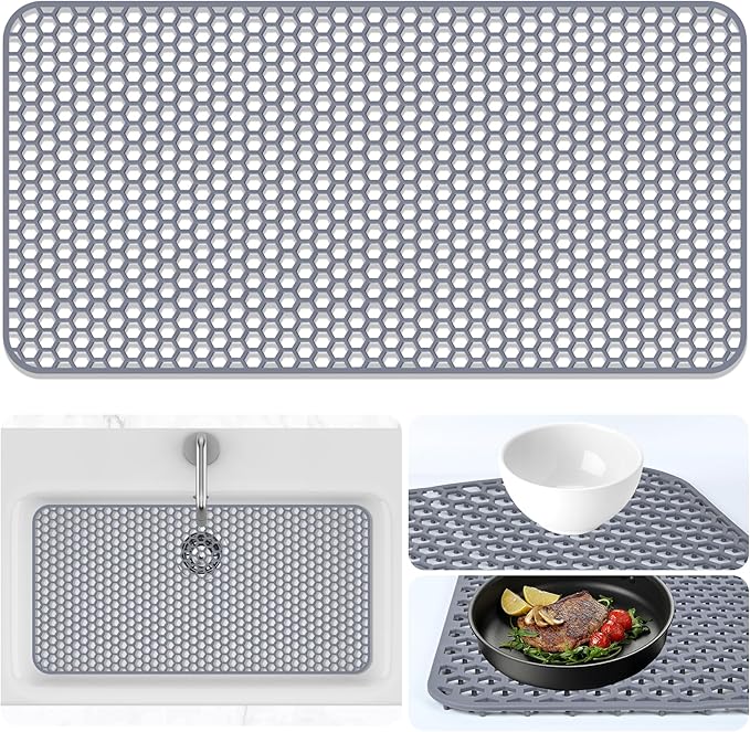 Sink Protectors Mat - 28.35"x14.37" Kitchen Sink Pad for Bottom of Basin for Protection of Stainless Steel and Tableware, Farmhouse Rubber Basin Mat Protector - Light Gray