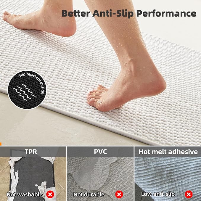 Bathroom Runner Rugs, Long Bath Mat Runner Washable Thin Quick Dry Low Pile Bathroom Runner Rugs Non Slip, White 24"x70"