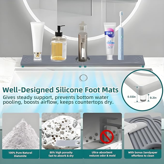 Diatomite Stone Faucet Mat for Kitchen Sink(23.6" x 3.9")- Super Absorbent & Quick-Drying Sink Faucet Mat, Durable Kitchen/Bathroom Sink Protector Sink Stone Quick Dry Around Faucet Christmas Gifts