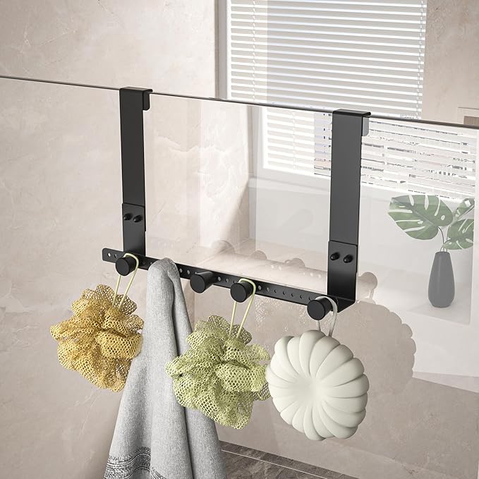 Shower Door Hooks, 7.5 Inch Bath Towel Hook for Frameless Glass Doors, 304 Stainless Steel Heavy Duty Robe Holder w/ 5 Hooks (Fit Frameless Shower Door up to 1/2" Thick)