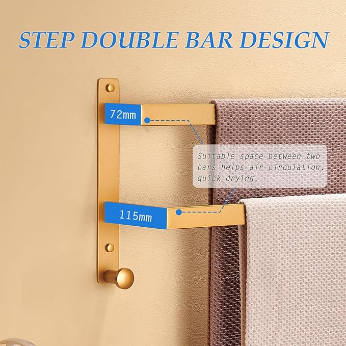 24 Inch Double Towel Bar for Bathroom with Hooks Stainless Steel Bath Towel Rack Wall Mounted Gold Finished