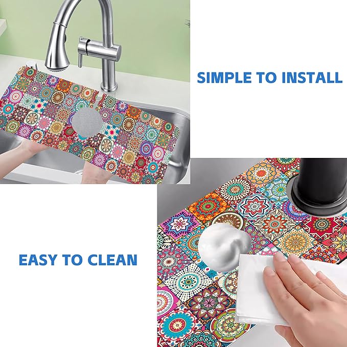 Faucet Draining Mat For Kitchen Sink Mexican Tiles Diatom Mud Absorbent Drain Pad For Bathroom Kitchen Sink Splash Guard Drying Mat 5.5"×15"