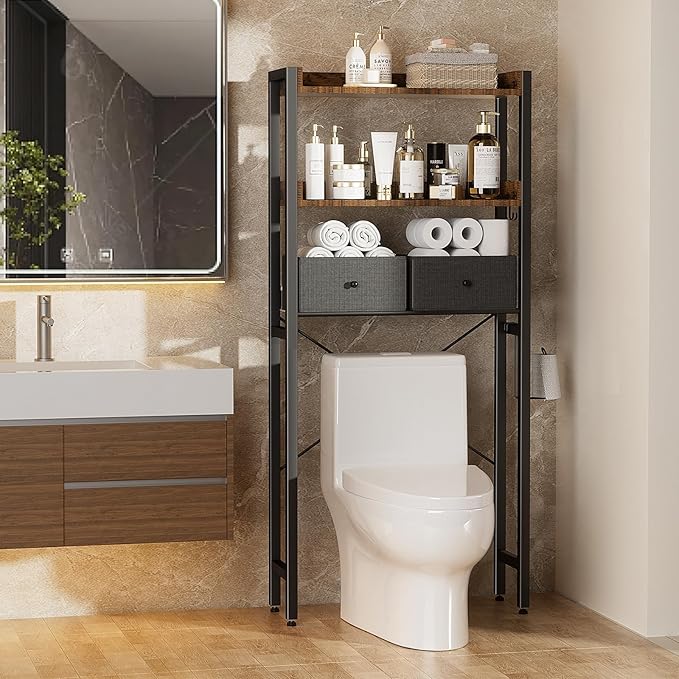 Housolution Over The Toilet Storage with 2 Drawers, 3 Tier Over Toilet Bathroom Organizer with Height Adjustable Shelves and Hooks, Space Saver Above Toilet for Bathroom/Restroom/Laundry, Black+Brown