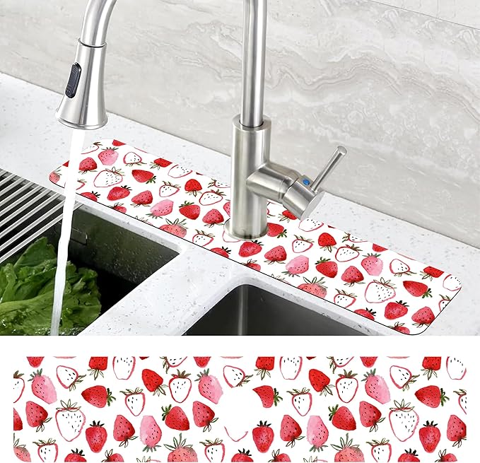 Watercolor Strawberry Kitchen Sink Splash Guard Absorbent Fast Drying Mat Faucet Draining Guard Behind Faucet Drip Catcher for Kitchen Bathroom 5.5"24