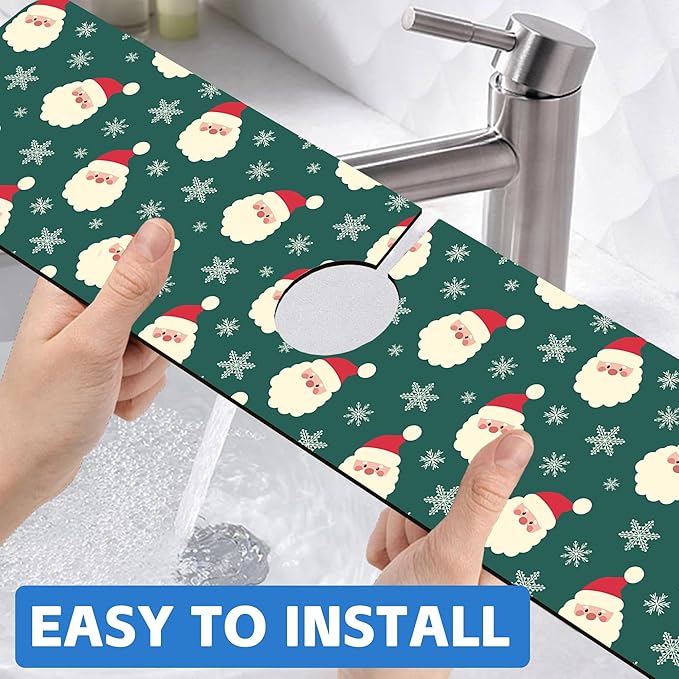 Christmas Kitchen Sink Splash Guard Mat Santa Claus and Snowflakes Sink Splash Guard Faucet Mat Draining Mat Fast Drying Sink Protectors for Kitchen and Bathroom 5.5"×24"