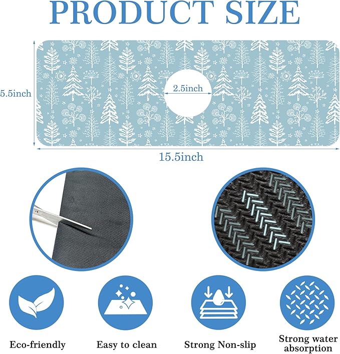 Winter Fir Tree Faucet Mat for Kitchen Sink Fir Trees Bushes Snow, Soft Diatom Mud Material, Strong Water Absorption, Non-slip, Easy to Clean for Bathroom, Kitchen 15"X5.5"