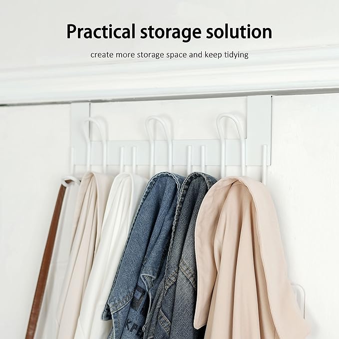 SKOLOO Over The Door Hooks - for Doors up to 1-3/4'' Thickness, Pack of 2, Metal Door Hanger with 9 Hooks, Over The Door Hanger for Coats, Hats, Towels, White