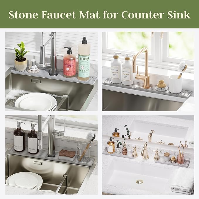 Faucet Mat for Kitchen Sink, Diatomite Drying Stone Mat Protector, Sink Faucet Mat Splash Guard, Absorbing Stone Tray for Kitchen Bathroom Counter