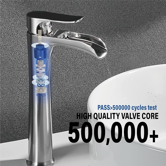 YUNDOOM Vessel Sink Faucet,Brushed Nickel Single Handle Single Hole Tall Bathroom Bowl Sink Faucet, Waterfall Bathroom Faucet
