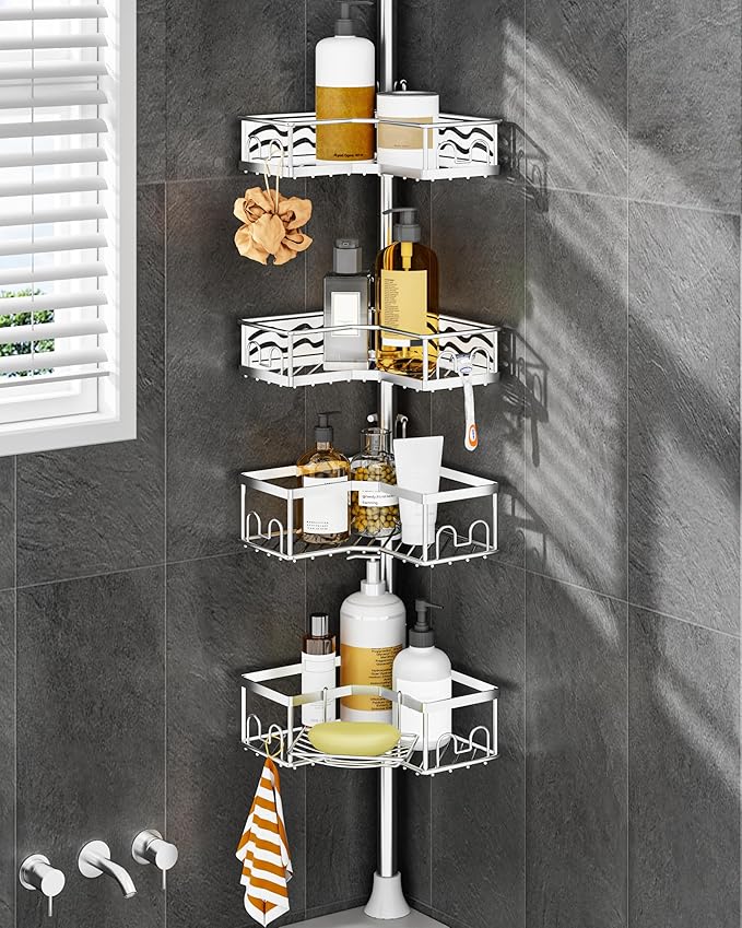 ALLZONE Corner Shower Caddy Tension Pole with 4 Repositionable Hang-On Baskets, Mixed-Height Shelves for Tall Bottles, 8 Dual Hooks & Soap Dish, Rust-Resistant Stainless Steel, Adjustable 34-116 Inch