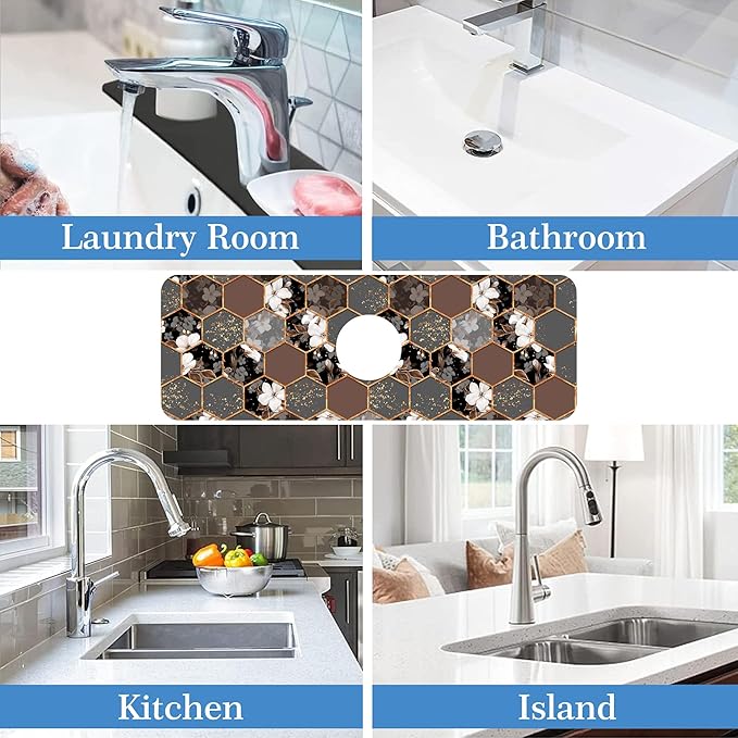 Hexagon Marble Texture Faucet Mat for Kitchen Sink White Flower, Soft Diatom Mud Material, Strong Water Absorption, Non-slip, Easy to Clean for Bathroom, Kitchen 15"X5.5"