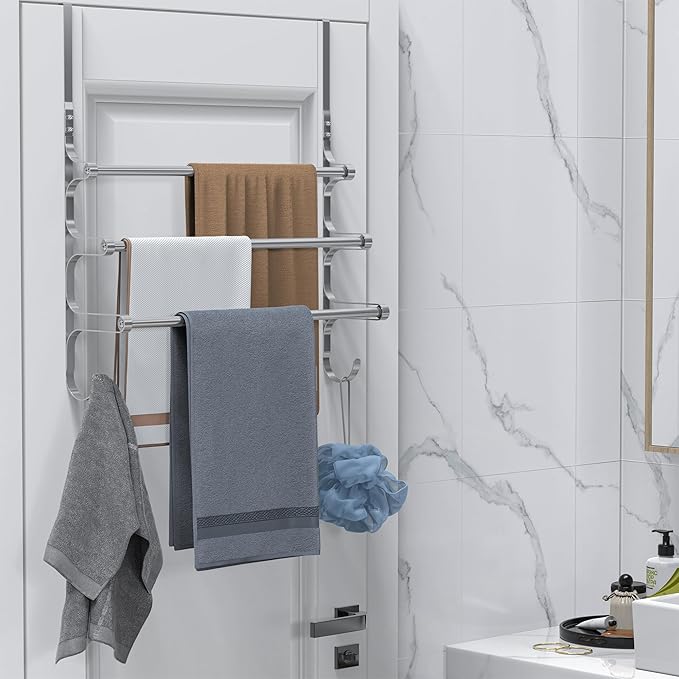 Over The Door Towel Rack, Over Door Towel Rack for Bathroom Door, Triple Towel Storage Holder with Hooks (Silver)