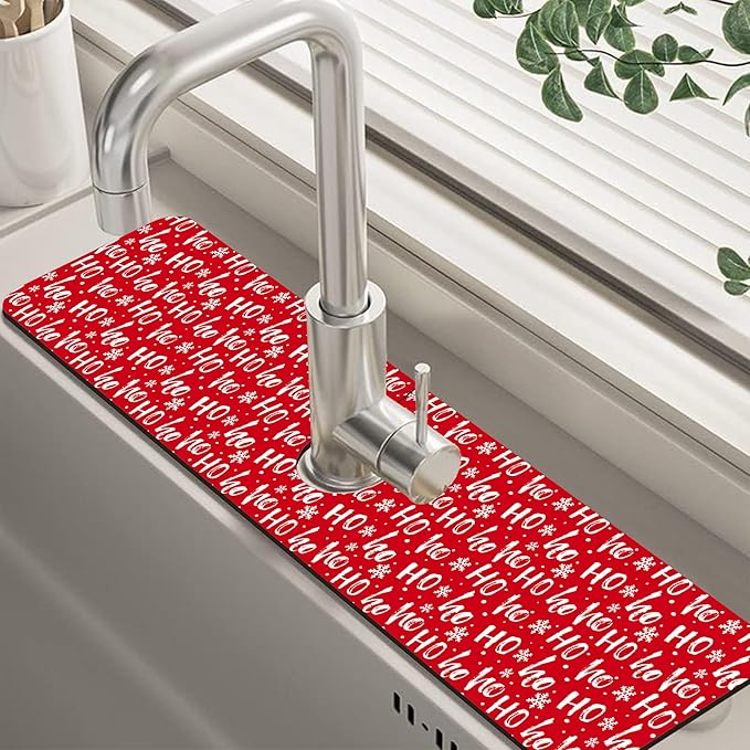 Christmas Hohoho Kitchen Sink Splash Guard Mat - Santa Claus Laugh Faucet Protector, Fast Drying Draining Mat for Kitchen and Bathroom 5.5"24"