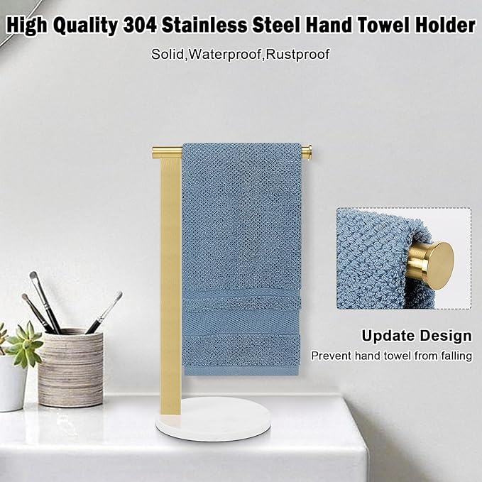 Stainless Steel L-Shaped Hand Towel Holder, SUS304 Bathroom Towel Rack with Thickened Base for Countertop Vanity (Gold)