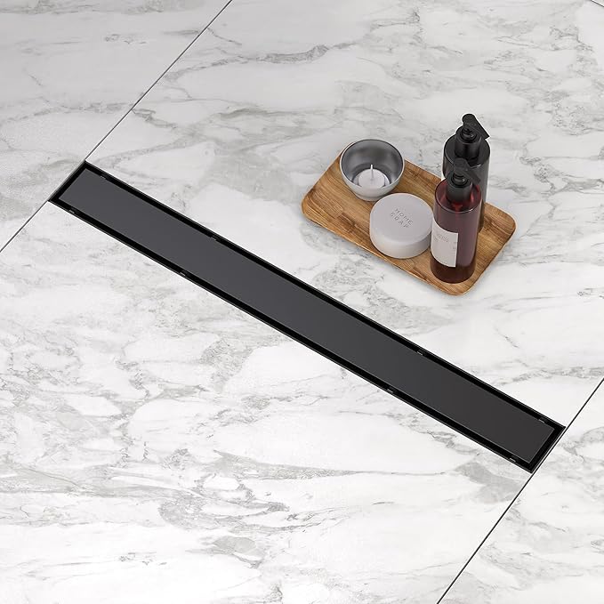 Linear Shower Drain.18 Inch Shower Trench Drain with 2-in-1 Flat Cover & Inser Cover,304 Stainless Rectangle Steel Shower Floor Drain with Hair Strainer and Leveling Feet (Black, 18 in)