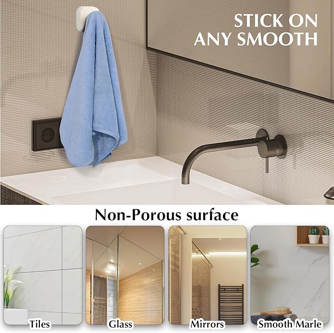 Suction Cup Hooks for Shower - Reusable No-Drill Mounting - Hooks for Towels, Robes & Loofah on Metal, Glass, Mirrors, Tile & Smooth Non-Porous Surfaces (2, Milk White)