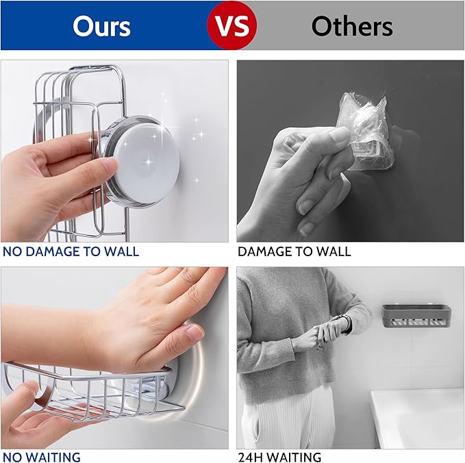 Soap Dish Soap Bar Holder Suction Cup with 4 Hooks, Stainless Steel Soap Saver Tray for Shower Wall, Bathroom, Kitchen, Rustproof No Drilling Bar Soap Holder, Silver